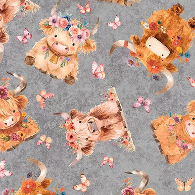 Quilting Treasures - QT Cuties 2 - Baby Highland Cows, Gray